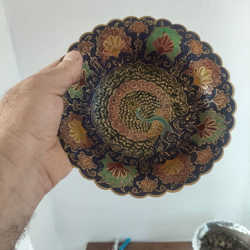Vintage metal decorative peacock plate handmade, blue-gold, 18cm