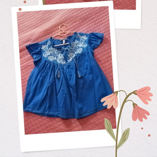 H&M Boho Cotton Blouse with Embroidery XL like new, bright blue