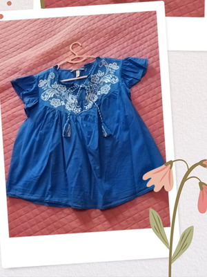 H&M Boho Cotton Blouse with Embroidery XL like new, bright blue