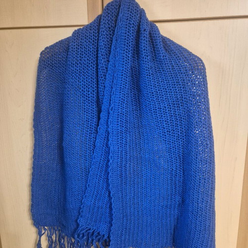 Large Handmade Knit Shawl Scarf with Fringes Blue New