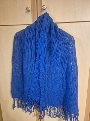 Large Handmade Knit Shawl Scarf with Fringes Blue New