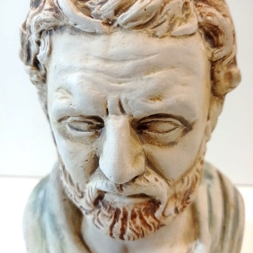 Handmade Democritus bust used, ceramic with marble base