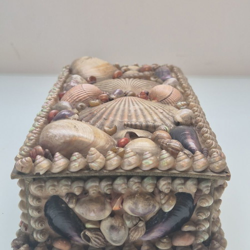 Handmade Seashell Jewelry Box, 1970s Vintage Folk Art Trinket Box