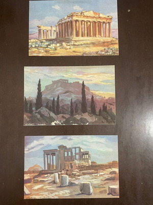Postcards old, set of 3 with Acropolis