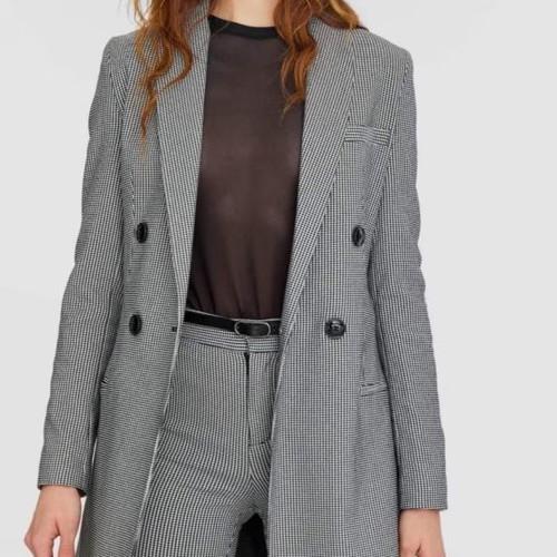 Women's checked long jacket used, black and white Stradivarius