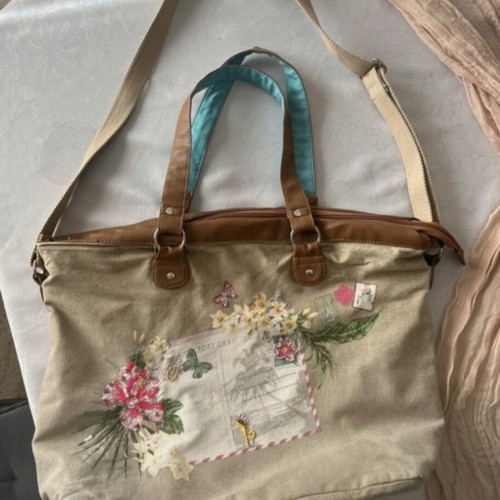Boho bag used, beige fabric with adjustable strap