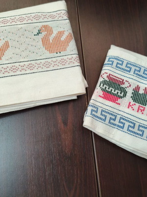 Set of 2 vintage embroidered kitchen aprons used, retro ducks and Crete souvenir