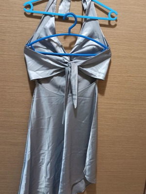 Satin dress new, asymmetrical halter back gray, size S