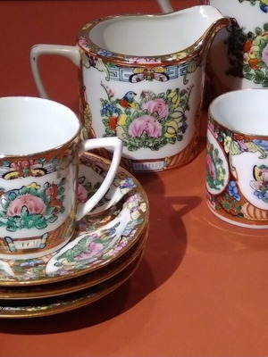 Vintage κινεζικό σερβίτσιο καφέ ζωγραφισμένο στο χέρι