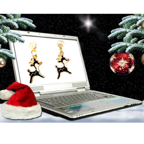Handmade reindeer enamel earrings with zircon, new