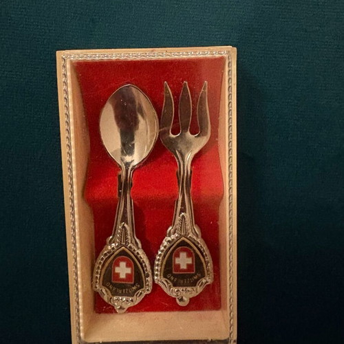 Swiss souvenir vintage miniature spoon and fork set in case like new
