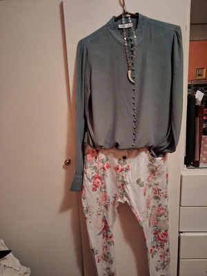 Floral pants set with khaki shirt like new