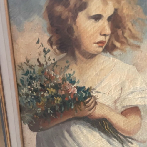 Canvas painting girl with flowers used, very old