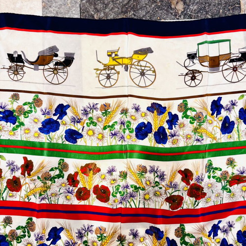 Mantero vintage silk scarf with antique carriages and colorful floral motifs