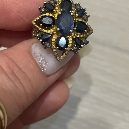 Gold ring 9k and silver 925 with sapphires and diamonds vintage used