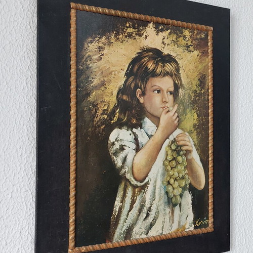 Vintage ξύλινος πίνακας «Κορίτσι με σταφύλια» 50x40 εκ.