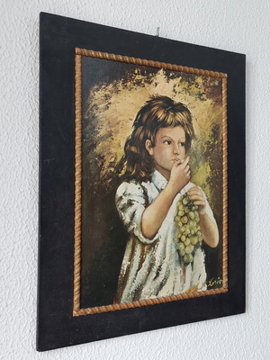 Vintage ξύλινος πίνακας «Κορίτσι με σταφύλια» 50x40 εκ.