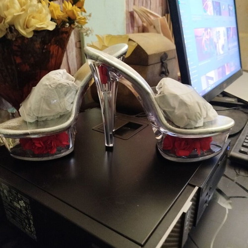 Silver high heel sandal new with stiletto heel and rose details