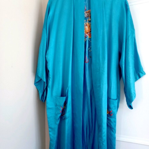Women's satin silk robe new, blue, one size with embroidery