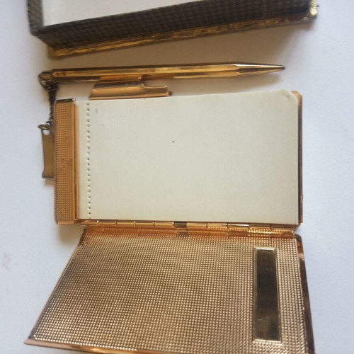 Vintage metal pocket notebook with integrated pencil 5x9 cm, new