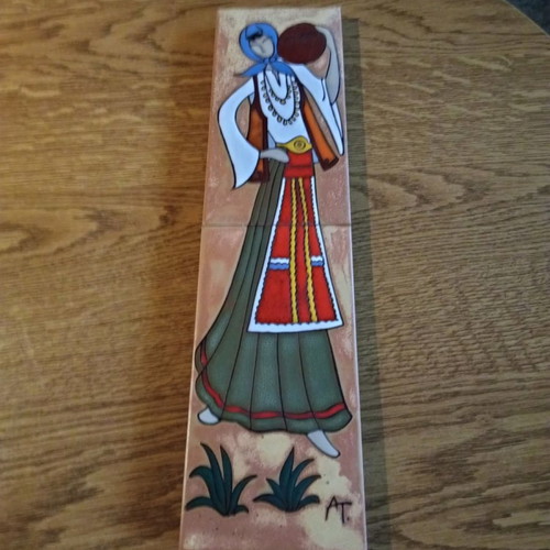 Ceramic art tile by Angelos Tsakirakis new with girl and jug