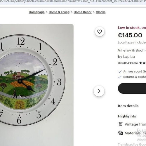 Villeroy & Boch vintage wall clock, Naif design porcelain
