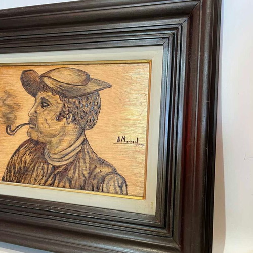 Vintage pyrography wall art with sailor depiction and artist signature used