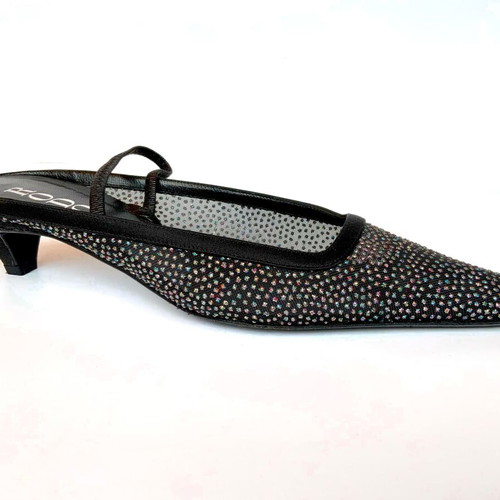 Rodo black satin slingbacks with iridescent crystals used