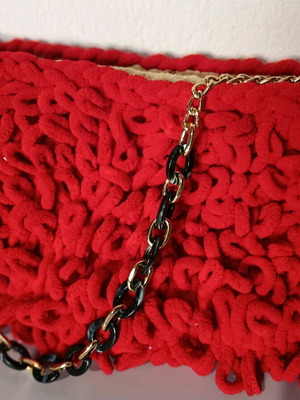 Handmade shoulder bag new with red puffy yarn
