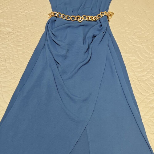Midi dress Anel like new, blue with shoulder pads and asymmetric hem