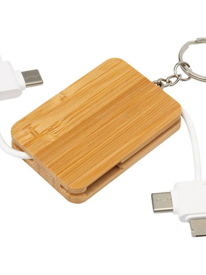 Μπρελόκ φορτιστής από μπαμπού με Micro USB, Type-C και Lightning συνδέσεις