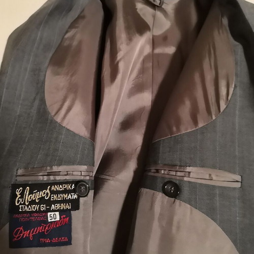 Gray striped men's summer suit by E. Loumos, used, size 50 jacket, altered pants
