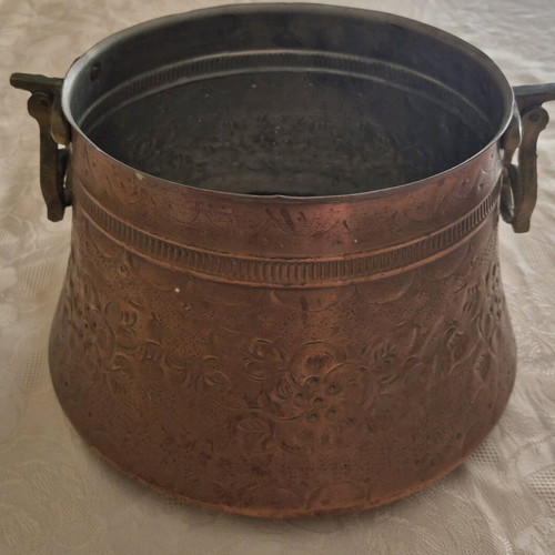 Copper forged cauldron used, antique with embossed designs