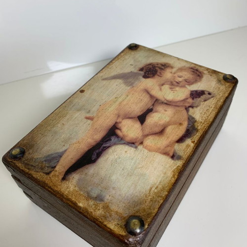 Wooden storage box used with angels