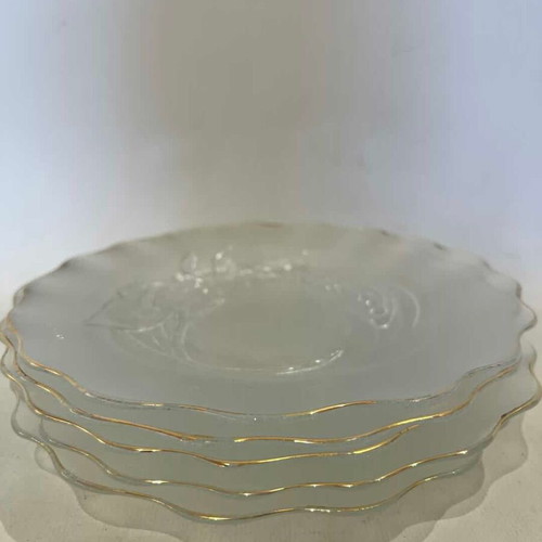 Vintage set of 5 glass plates matte with embossed designs and gold detail Indonesia 19cm used