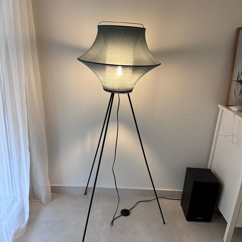 IKEA floor lamp used, dark blue fabric shade, tripod legs
