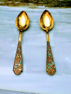 Silver spoons pair gold plated 22 carat enamel rare collectible