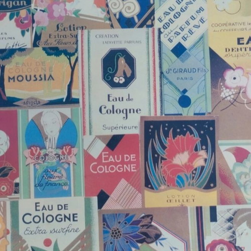Vintage collage painting used, 70x50 cm, Eau de cologne labels