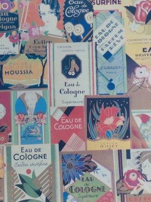 Vintage collage painting used, 70x50 cm, Eau de cologne labels