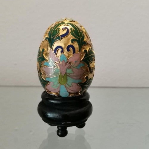 Cloisonne egg vintage used with floral motifs and wooden base