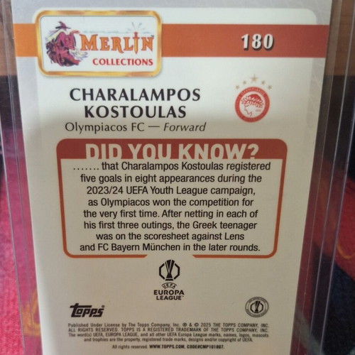 2024-25 Topps Merlin UEFA CC Charalampos Kostoulas RC Aqua Cracked Ice Refractor /75 Olympiacos