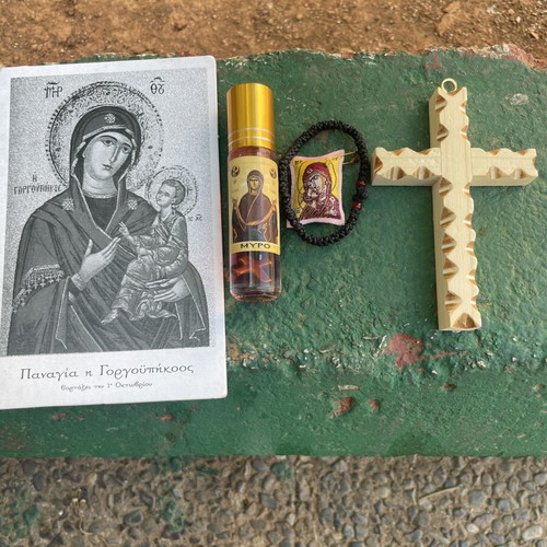 Gift set for August 15 with Athos prayer rope, myrrh, wooden cross, and pendant
