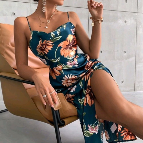 Floral satin drape neck split thigh teal dress size M 38 new