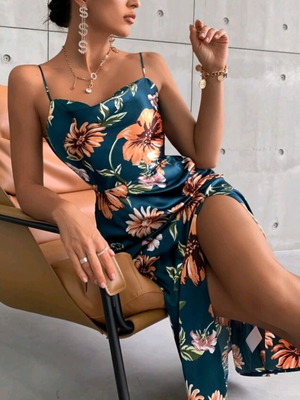 Floral satin drape neck split thigh teal dress size M 38 new