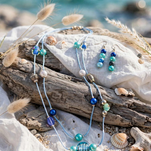 Multi Strand Beaded Necklace and Earrings Handmade Shades of Blue
