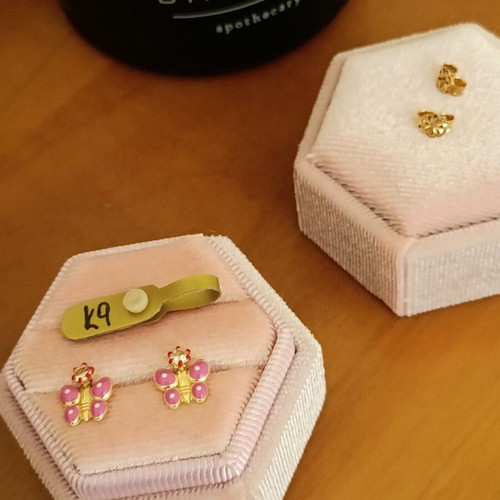 Gold children's earrings 375 with enamel and zircon new, pink and gold