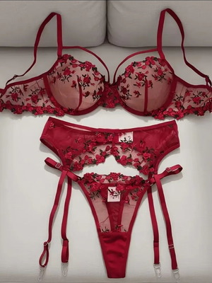 Sexy lingerie set plus size 5XL red with floral embroidery, 3 pieces