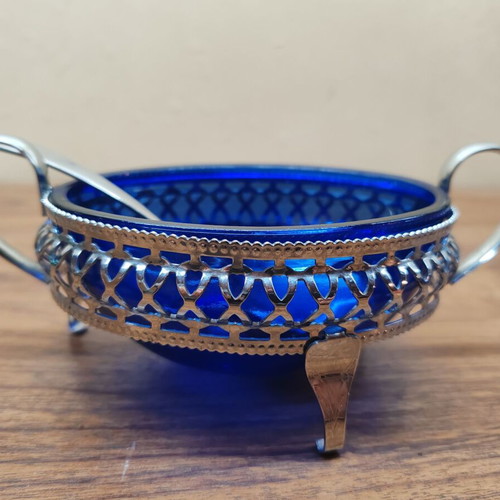 Set of blue blown glass jug and silver-plated fondue pot like new