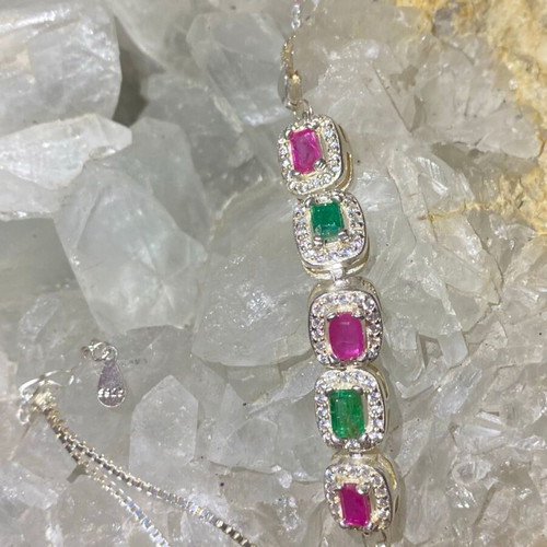 Handmade silver bracelet with natural emerald, ruby and moissanite, new