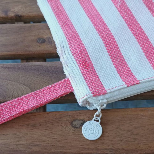 Summer toiletry bag used striped with embroidered Bee Sun Safe phrase